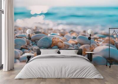 Beautiful seaside shells on pebble beach, sunlight sparkling on turquoise water, coastal vibe, summer vacation, tranquil nature scene. Copy space. Wall mural