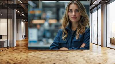 confident female engineer with arms crossed in industrial setting, highlighting empowerment in moder Wall mural