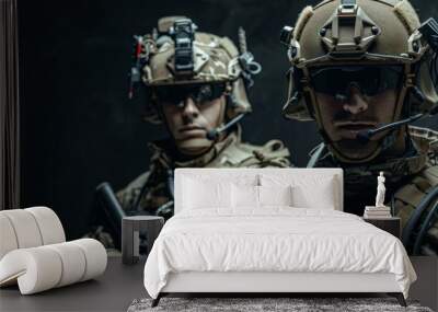 Formidable soldiers in military uniforms and camouflage combat gear, two White soldiers with confident expressions, preparing for a mission in dark setting. Wall mural