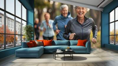 Four active senior women running together in park, smiling and enjoying exercise, promoting fitness and friendship in later life, healthy lifestyle for older adults. Wall mural