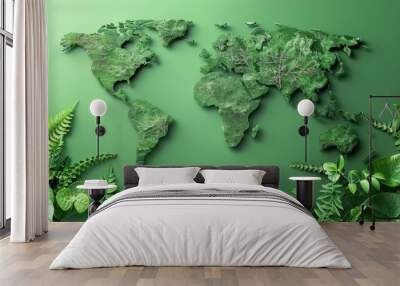 Green map of world created with lush forest vegetation, surrounded by vibrant green leaves, symbolizing ecology and fresh air generation. Copy space. Wall mural