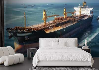 Large cargo ship navigating calm waters, accompanied by small tugboat assisting in maneuvering, maritime transport showcases industrial shipping operations, vast blue ocean backdrop. Wall mural