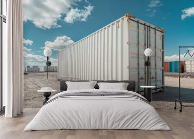 vibrant blue sky over solitary white shipping container in industrial area, with multiple colorful c Wall mural