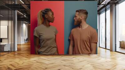 vibrant image of two people against contrasting red and blue backgrounds, symbolizing themes of unit Wall mural