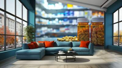 Vibrant image of two pill bottles and tablets on pharmacy counter, blurred shelves in background, health care and medication theme. Copy space. Wall mural