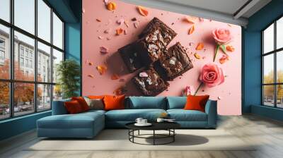 brownies on a pink background with rose petals Wall mural