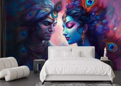 Divine love story of Hindu gods Radha and Krishna through a contemporary art Wall mural