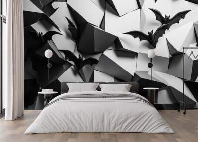 A Collection of Stylized Bats Set Against a Creative Geometric Background in Black and White Wall mural