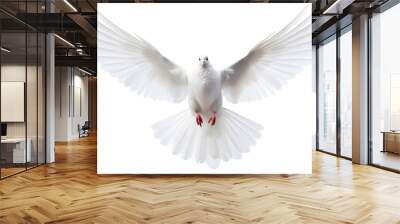 A free flying white dove isolated on a white background. AI Wall mural