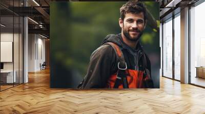 Arborist portrait on a blurred background Portrait of lumberjack. Wall mural