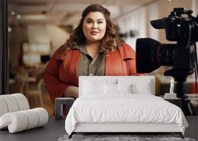 Attractive plus size woman presenter of a TV channel. Blogger Wall mural