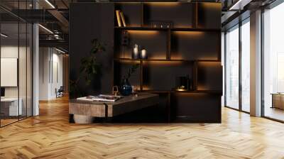 Black room interior. Shelves with orange light. Wall mural