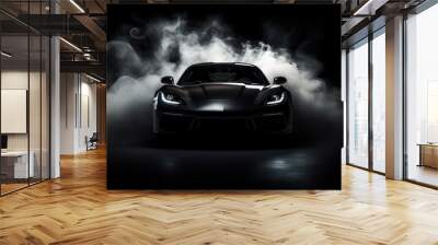 Black sports car on a black background in the center. Smoke and spotlights Wall mural