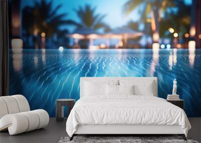 Blur light of bar or pub reflection on blue water swimming pool, summer party Wall mural