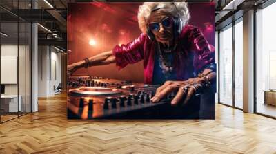 Bright elderly woman DJ at a rave. Techno party in the club. Grandma DJ. Wall mural