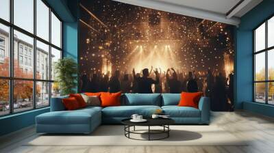 Christmas party in gold color. Crowd raising their hands and enjoying great party Wall mural