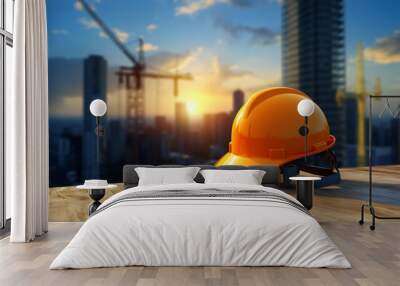 Construction helmet on a blurred background of a construction site. AI generated Wall mural