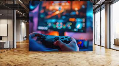 Gamer holds a joystick in his hands against of monitors Wall mural