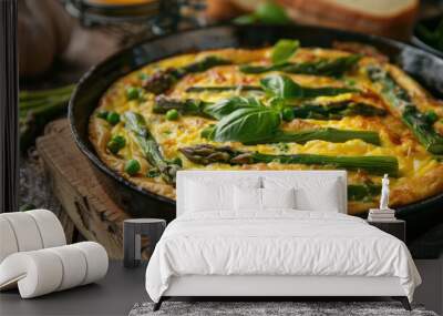 Healthy Asparagus Omelet. Egg omelet with asparagus and onions. Wall mural