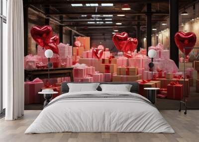 Large warehouse of Valentine's Day gifts. Sale and delivery of goods Wall mural