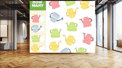 Matching game with watering cans. Garden math activity for preschool children. Spring counting worksheet. Wall mural