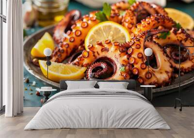 Seafood. Grilled octopus, a gourmet dish in a restaurant on a beautiful plate Wall mural