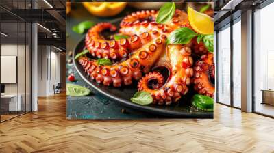 Seafood. Grilled octopus, a gourmet dish in a restaurant on a beautiful plate Wall mural