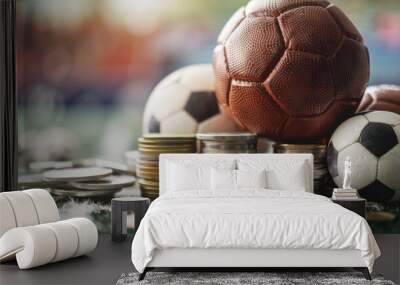 Soccer ball surrounded by stacks of coins symbolizing sports betting Wall mural