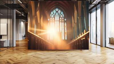 Sun rays through the stained glass windows of the church. Wall mural