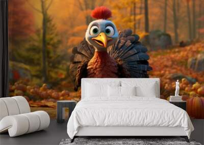 Thanksgiving turkey in funny cartoon style. Happy bird Wall mural