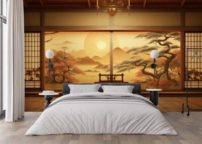 Vintage Japanese room. Traditional high class Japanese style room with painting walls Wall mural