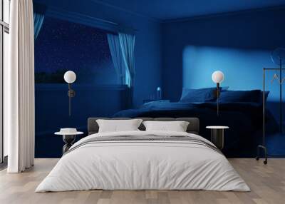 3d rendering of bedroom with cozy low bed at night with starry sky Wall mural