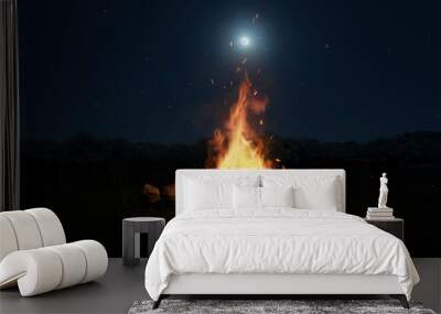 3d rendering of big bonfire with sparks and particles in front of forest and moonlight Wall mural