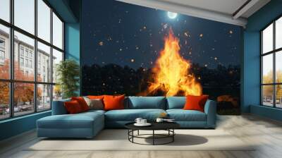 3d rendering of big bonfire with sparks and particles in front of forest and moonlight Wall mural