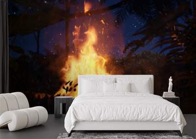 3d rendering of big bonfire with sparks in the jungle forest at the night Wall mural