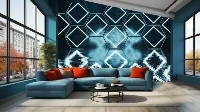 3d rendering of blue lighten square and hexagon shape with light spot in front of grunge wall background Wall mural