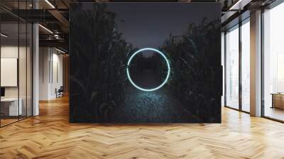 3d rendering of lighten circle portal in the middle of cornfield at night Wall mural