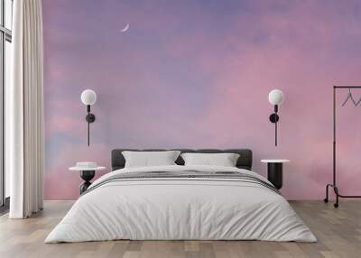 panoramic view to soft purple sky with fluffy clouds and crescent moon Wall mural