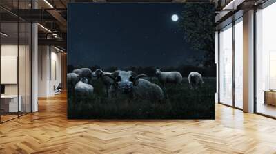 resting herd of sheep covered with protective mask grazing at pasture field  Wall mural