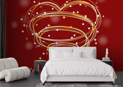 Valentine, Happy Valentine's day card curve lines in heart shaped, stars and bokeh with gold shiny colors and red background. Wall mural