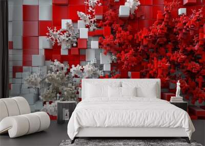 3D digital pixel design wall art with an abstract festive Christmas theme in red and white. Wall mural