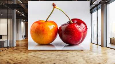 A Single Stem Connecting Two Cherries, One Red and One Yellow with Water Droplets, Close Up Macro Shot, Fruit, Cherry, Food, Summer Wall mural