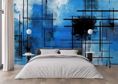 Abstract Blue Grid with Black Lines, Digital Painting, Geometric Pattern, Blue, Abstract Art, Grid, Lines Wall mural