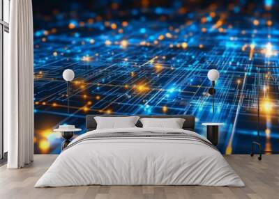 Abstract Digital Network Glowing Blue and Orange Lines on a Black Background, Data, Technology Wall mural