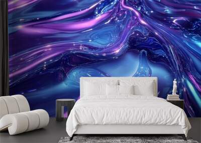 Abstract Liquid Metal Waves, 3D Rendering, Blue Purple, Digital Art, Abstract Background, , Wall mural