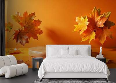 Autumn Leaves Floating Above Wooden Podium, 3d Render, Fall Decor , Product Display , Autumnal Scene Wall mural