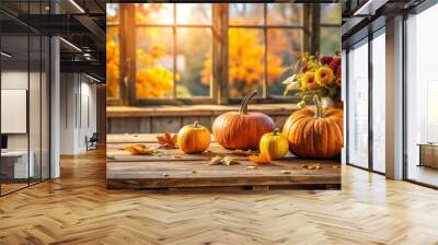 Autumnal Tabletop with Pumpkins, Leaves, and a Window View, fall , thanksgiving, autumn Wall mural