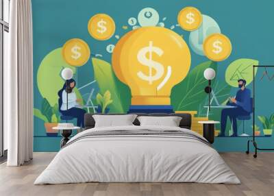 Business Partners Generate Profitable Ideas with Lightbulb, digital illustration, lightbulb with dollar sign, business, finance, growth, profit Wall mural