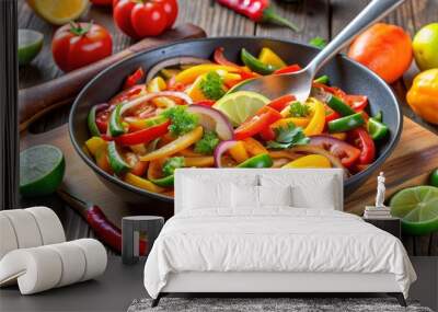 Colorful Bell Peppers and Onions in a Pan for Mexican Cuisine, peppers, onions, mexican food Wall mural