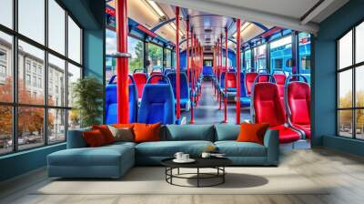 Empty Bus Seats A View from the Back, Red and Blue Seats, Modern Interior, Public Transport, Travel, City Wall mural